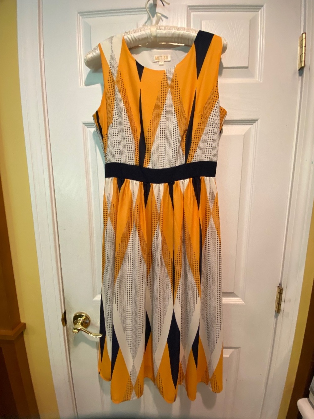 Metisu Yellow Navy White Geometric Print Midi Dress Size M